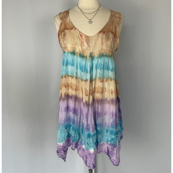 Boho Mini Dress One Size Trapeze Swing Tie Dye Festival Fairy Grunge Lagenlook - Picture 1 of 14